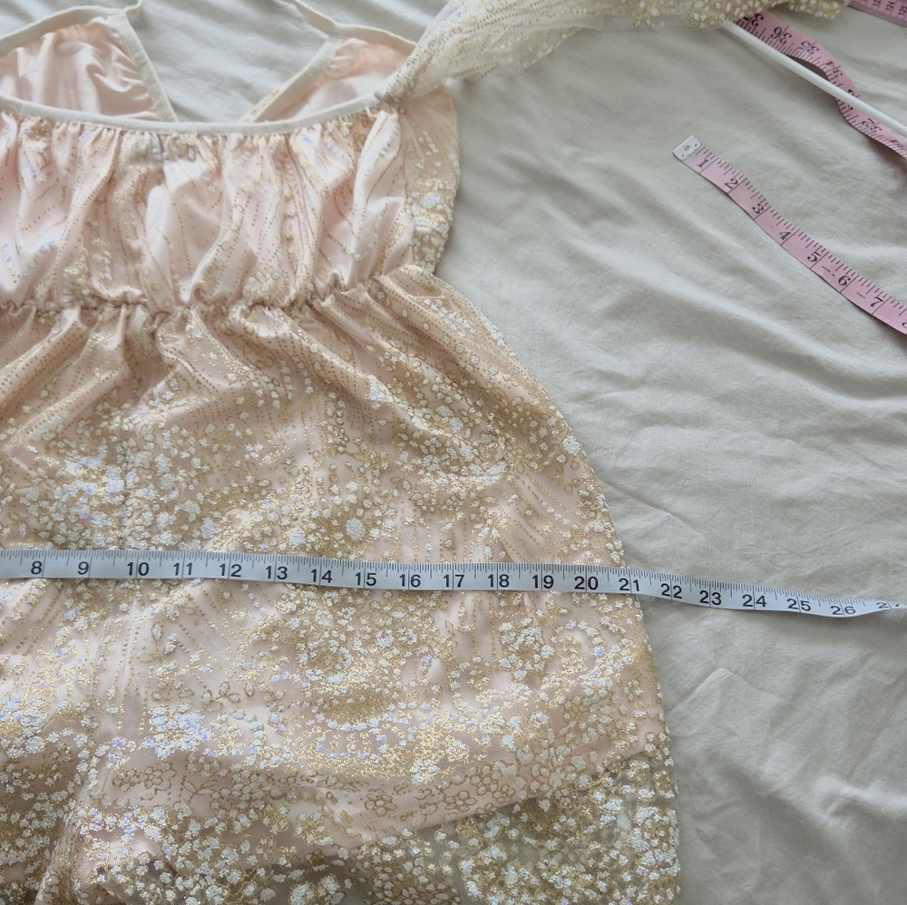 Nasty Gal Pale Pink Sequin Off-Shoulder Romper with Sheer Bell Sleeves Size 4 - Picture 6 of 6